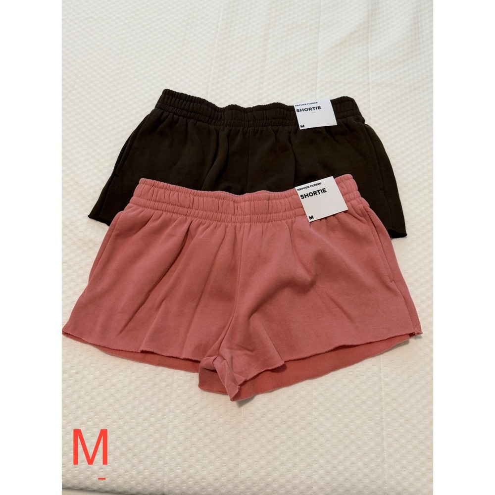 Refuge Fleece Shortie Shorts Womens MED Pink Brown 2 Pack Elastic Waist Raw Hem